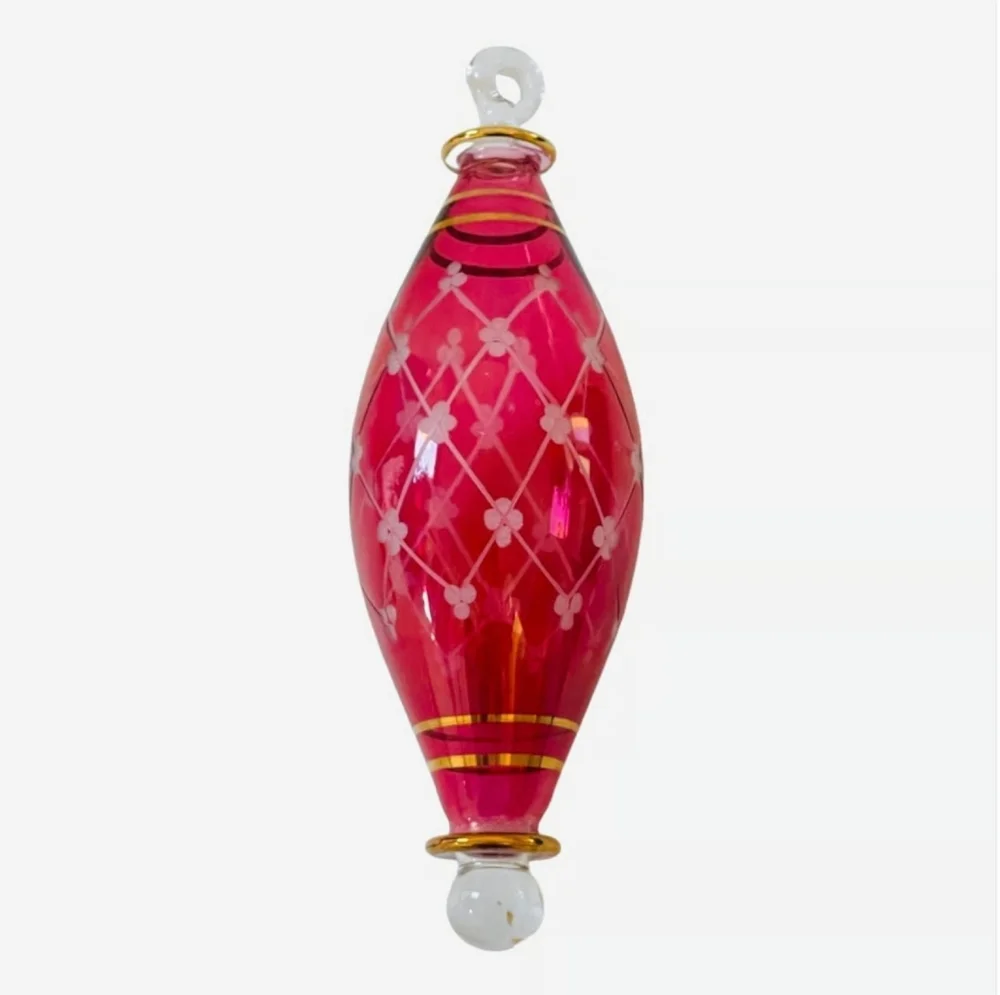 Vintage Egyptian Glass Teardrop Christmas Ornament Red & Gold Holiday Art Decor